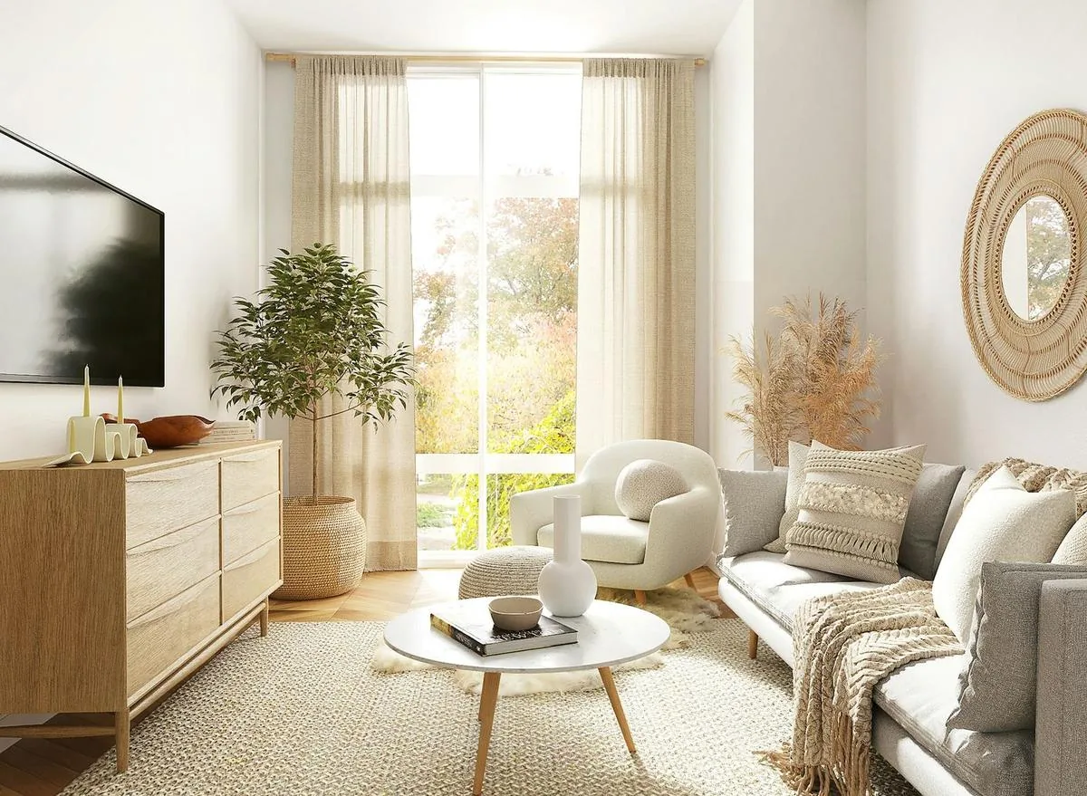 Completed living room with bright windows, finished floors and arranged furnishings